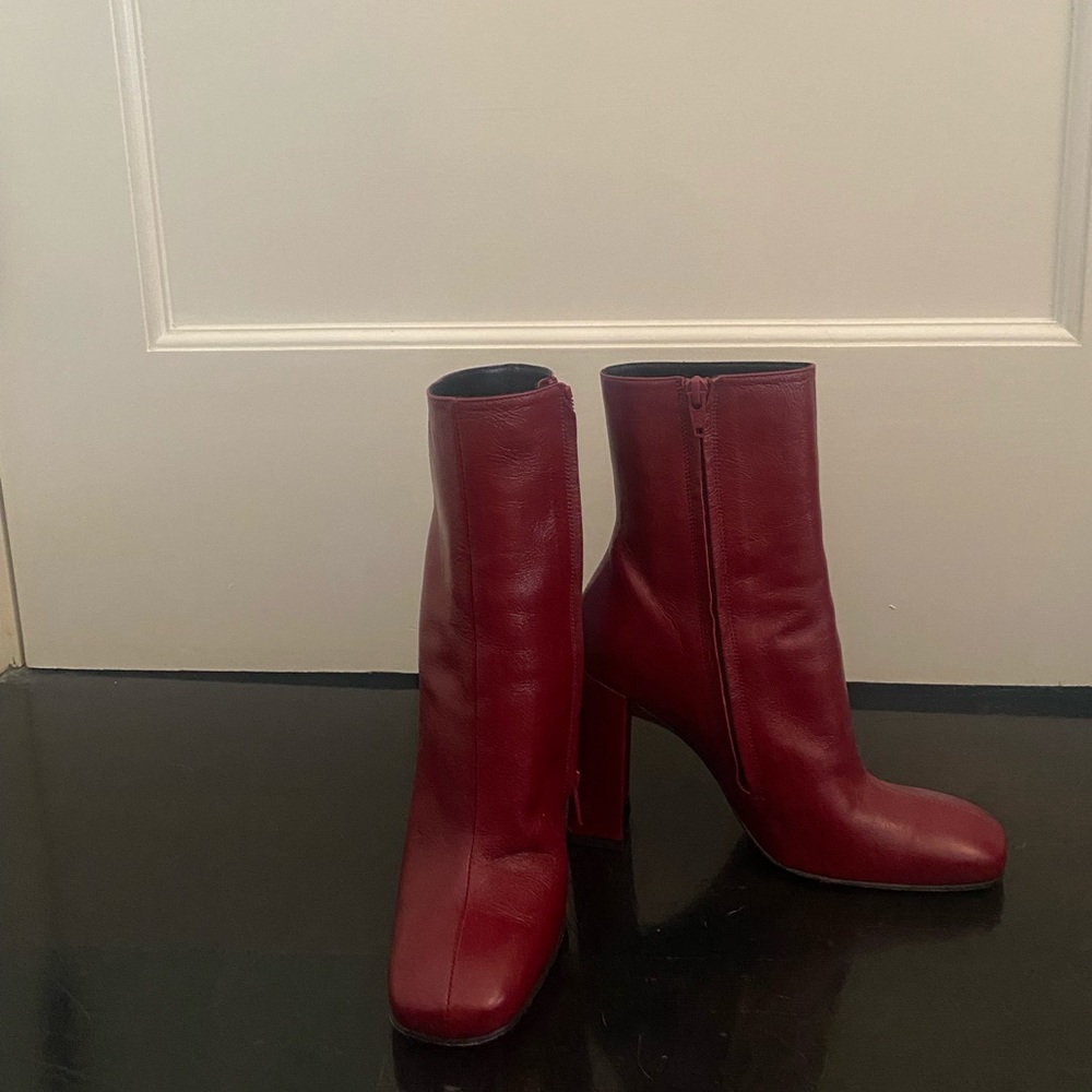 BY FAR size seven heeled booties, dark red